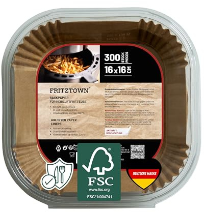 FRITZTOWN Backpapier für Heißluftfritteuse 1,2L-4,5L | Air Fryer Backpapier Pergamentpapier | 300 Blatt 16x16 cm Quadratisch | Kompatibel mit Ninja COSORI Philips Cecotec Midea Russell XL XXL Airfryer