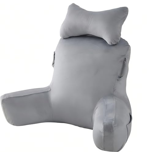Nikphobos Reading Pillow for Bed Adults with Arm Support, Detachable Neck Pillow & Side Pockets – Soft Velour Backrest Cushion for Reading, TV Watching & Gaming, Washable Cover (Light gray)