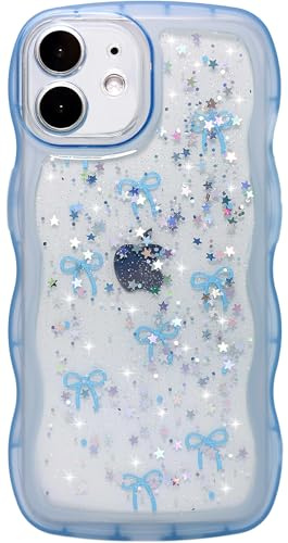 Qokey for iPhone 11 Case 6.1 inch, Glitter Star & Curved Edge Handle Grip Design, Military-Grade Shockproof Clear TPU Cover, Sparkle Protection Scratch-Resistant, Holographic Blue Bow