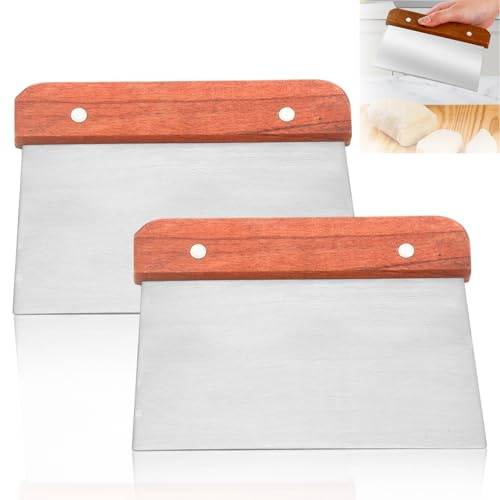 2PCS Bench Scraper, Wooden Handle Dough Cutter, Kitchen Scraper for Baking | Stainless Steel Chopping Board Scraper, 15CM Food Scraper, Multipurpose Kitchen Scraper for Bread Pastry Pizza