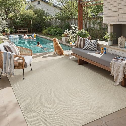 PureCozy Outdoor Teppich Wetterfest 160x230cm Taupe Waschbar | Outdoorteppich,Wetterfest,Waschbar,Rutschfest,Jute Optik,für Balkon,Garten,Terrasse,Wohnzimmer