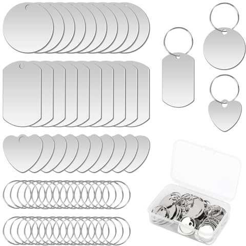 30 Stück Edelstahl Anhänger Blanko Schlüsselanhänger Dog Tag Anhänger | Edelstah Gravur Rohlinge Runde/Rechteckige/Herzförmige Leere Anhänger Schlüsselanhänger Hundemarken mit Schlüsselring