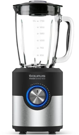 Taurus Power Shake 1600 - Batidora de Vaso, 1600 W, jarra cristal de 1,75L, cuchillas de acero inoxidable de 6 Filos, 5 velocidades + Turbo, ventosas en la base