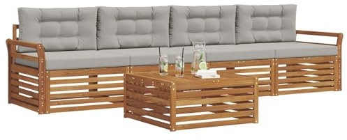 vidaXL Outdoor-Sofagarnitur mit Kissen 5 pcs Natürlich und Hellgrau, Gartenlounge, modernes Outdoor-Sofa, Sitzmöbel für die Terrasse, langlebige Komfort-Einheit