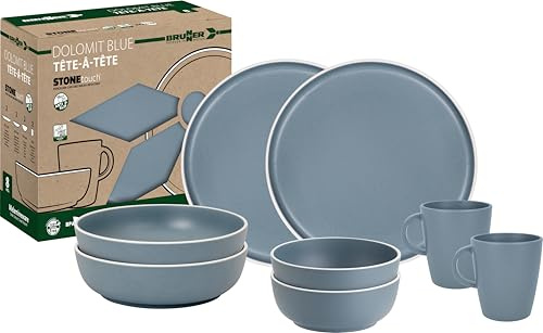 Brunner Dolomit Melamine Camping Dinner Set, Anti Slip Outdoor Tableware Set, Lightweight Break Resistant Plates Bowls & Mugs, Caravan, Picnic & Camping Dining (Dolomit Blue, 8 Piece Set)