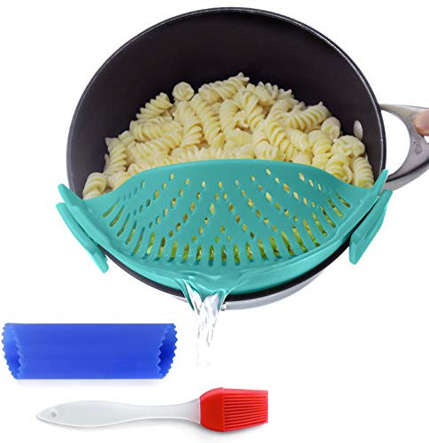 Clip On Kitchen Food Strainer for Spaghetti, Meat, Pasta, & Ground Beef Grease, Colander & Sieve Snaps or Clips Onto Bowls, Pots & Pans Includes Silicone Drainer, Brush & Garlic Peeler (Aqua)