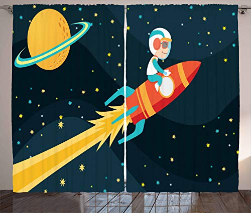 ABAKUHAUS Rakete Rustikaler Gardine, Junge auf einem Rocket-Abenteuer, Schlafzimmer Kräuselband Vorhang mit Schlaufen und Haken, 280 x 245 cm, Blau Gelb