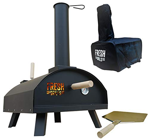 Fresh Grills Black Steel 12 Portable Pizza Oven - Wood, Charcoal - 60 Sec Cooking - Includes Stone, Peel & Thermometer - Countertop - Pizza Oven