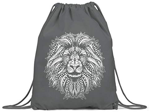 BLAK TEE Detailed Mandala Lion Illustration Organic Cotton Drawstring Gym Bag Grey