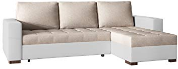 Ecksofa mit Schlaffunktion mit Bettkasten Couch L-Form Polstergarnitur Wohnlandschaft Polstersofa mit Ottomane Couchgranitur - MALABU (Beige + Weiß (Dora 21 + Soft 17), Ecksofa Rechts)