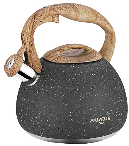 Poliviar Moderne Wasserkessel Induktion Pfeifkessel aus Edelstahl, Teekessel für alle Kochplatten, Flötenkessel mit Holzgriff, Wasserkocher für Tee Kaffee, ca 2.7L, Stein (JX2018-GR20-DE)