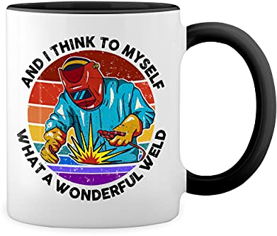 Retro And I think to myself what a wonderful weld Hot rods worldwide Weiße Tasse Mug mit schwarzen Felgen & Griff