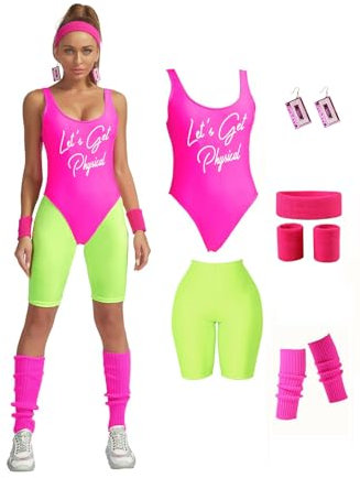 MIAIULIA Damen 80er-Jahre-Trainingskostüm-Outfit, 80er-Jahre-Zubehör-Set, Gymnastikanzug, Neon-Leggings, Stirnband, Armbänder, Lets Get Physical Short Pink, S