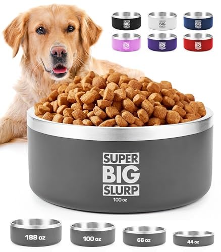 Tuff Pupper Bol isolé Robuste pour Chiens de Grande Taille, 2700 ml/100 oz | Bol de Nourriture pour Animaux en Acier Inoxydable à Double paroi | Couleurs durables avec revêtement en Poudre (Gris)