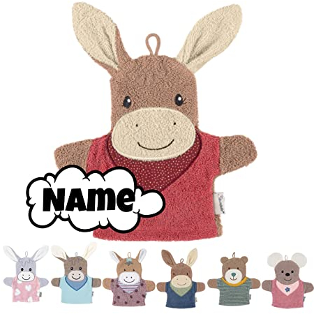 Sterntaler Waschlappen Kinder personalisiert | Waschhandschuh | Waschlappen Frottee mit Namen bestickt | 100% Baumwolle | Baby Geschenke (Emily Esel hellrot)