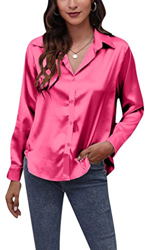 OMZIN Chemisier en Satin pour Dames Bouton Down Chemises Décontractées Manches Longues Col V Chemises De Bureau Tops Rose XL