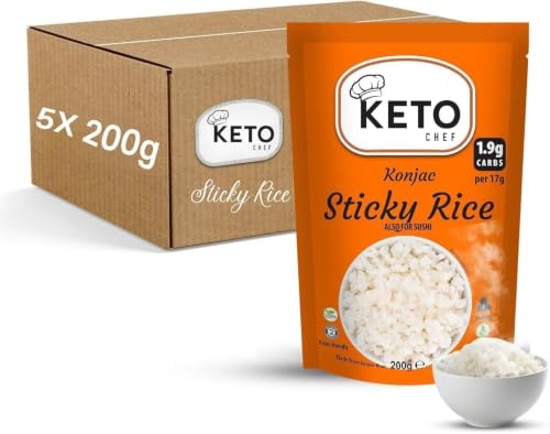 Keto Chef Shirataki Sticky Rice 200g (Pack of 5) - Odour Free, Low Calorie & Fat Free, Source of Fibre, Keto Friendly, Vegan & Gluten Free, Low Carb Konjac Rice | Ready to Eat Instant Food