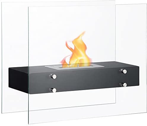 HOMCOM Camino Bioetanolo in Metallo e Vetro Temperato da 3h di Combustione con Serbatoio da 1.5L e Copertura 25m², 60x26x50cm, Nero
