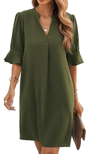 Famulily Women's Summer Casual T Shirt Dresses Short Puff Sleeve Midi Dress for Wedding Guest Army Green M