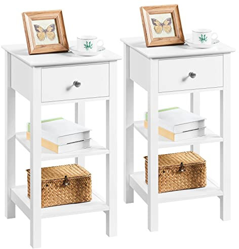 Yaheetech 2pcs Bedside Tables, Narrow Nightstand Cabinet with Storage, Set of 2 Wooden Sofa Side Table with 1 Drawer & 2 Shelves for Living Room/Bedroom/Hallway/Lounge/Small Space, White, 35×35×70cm