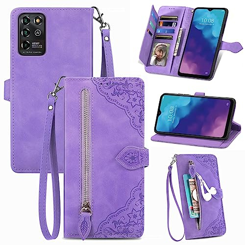 MOJIA Geldbörse Hülle für ZTE Blade V30 Vita, Sanft PU Klapphülle Handyhülle, Stoßfest Schutzhülle mit Handschlaufe Kartenfach und Standfunktion. Violett