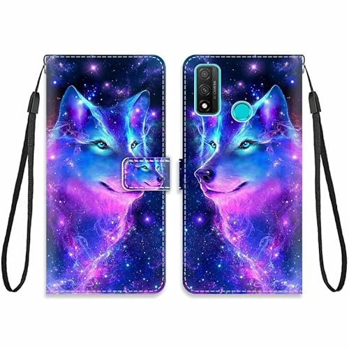 KARTXITAI Hülle Kompatibel mit Huawei P Smart 2020,Leder Handyhülle mit Kartenfach Geld Slot Ständer PU Ledertasche Wallet Flip Magnetische Muster Schutzhülle-Wolf,bunt