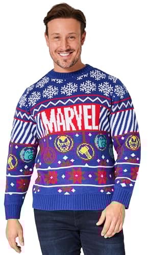 Marvel Weihnachtspullover Herren, Warmer Winter Pullover – Geschenk für Männer und Jungen(Blau, L)