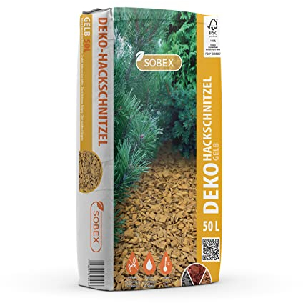 S&Garden Deko Hackschnitzel aus Kiefer - Dekorative Holzschnitzel - Rindenmulch für Garten - Besseres Wasserrückhaltevermögen - Verhindert Unkrautwuchs - Hält den Boden Feucht - 50l - Gelb - 1 Stück