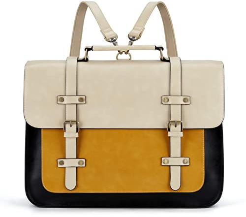 ECOSUSI Sac Ordinateur Femme 15,6 Pouces Sacs à Main Portés Dos Bandoulieres Cuir PU Vintage Cartable Enseignante Porte-Document Sac Travail Étudiante, Bandoulière Détachable, Noir, L