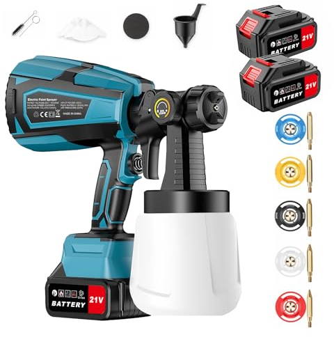 BreeRainz Pistola a Spruzzo a Batteria Pistola a Spruzzo per Verniciare con 2 * 3.0Ah 21V Batterie/5 ugelli di Rame/3 modelli pistola a spruzzo per pittura murale