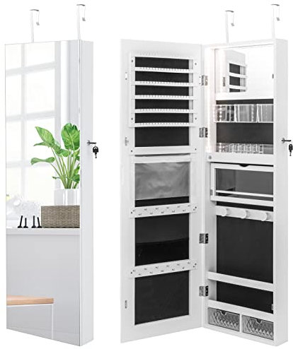 GOPLUS Armoire à bijoux avec miroir pleine longueur, murale/suspension de porte, avec lumières tricolores et miroir intérieur, verrouillable, étagère pliable, boîtes de rangement en plastique (Blanc)