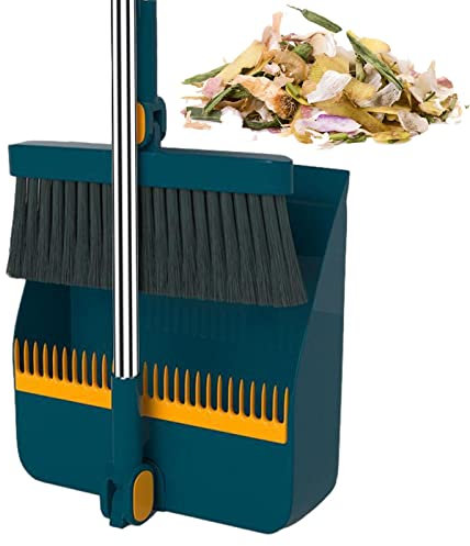 JINGAN Broom Dustpan Set Adjustable Long Handle Broom Dustpan Combo 180° Rotating Broom Head Broom Set Stand Up Brooms and Dustpans Sets for Home Kitchen