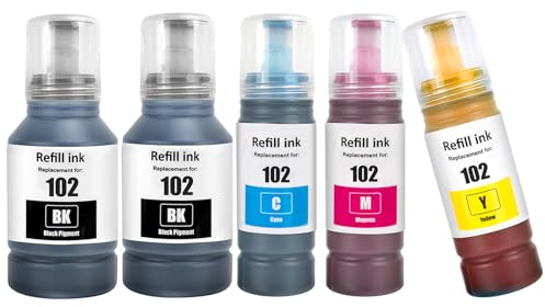 TOPRINT E102 Ink Bottles 5 Color Multipack Compatible for E102 Ink ET-2700 ET-2750 ET-2751 ET-2756 ET-2850 ET-2851 ET-2856 ET-3700 ET-3750 ET-3850 ET-4750 ET-4850 ET-4856 ET-15000 Printers
