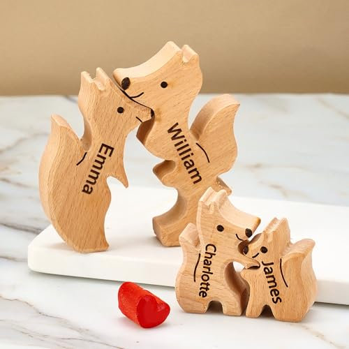Personalisiertes Holzkunstpuzzle der Fuchsfamilie mit 1-8 Namen, Holz Bär Skulpturen Desktop Ornament Weihnachts Home Tischdekoration, Geschenk für Familie, Oma, Opa Mama, Papa