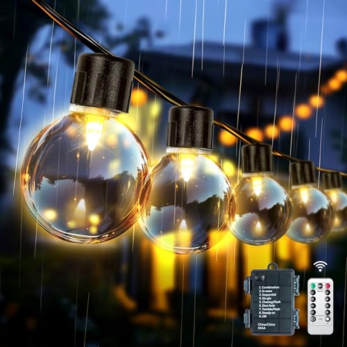aurogeek Outdoor LED String Lights Battery Operated: 9m/30ft LED with 20 G40 Plastic Bulb Hanging Festoon Light Remote Waterproof for Garden Decorative Cafe Patio Gazebo Indoor