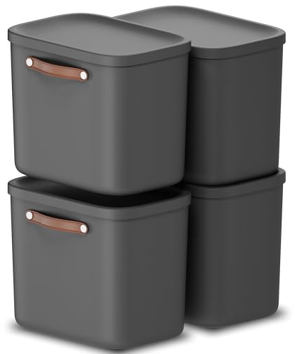 Rotho Maloja Aufbewahrungsbox mit Deckel 25 L 4er-Set Kunststoff Anthrazit | Aufbewahrungsboxen als Stapelboxen, ergonomische Griffe, 97 % recycelter Kunststoff, innen und außen leicht zu pflegen