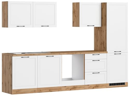 Lomadox Küche Einbauküche Küchenzeile 300 cm in weiß und Eiche, Arbeitsplatte in Eiche