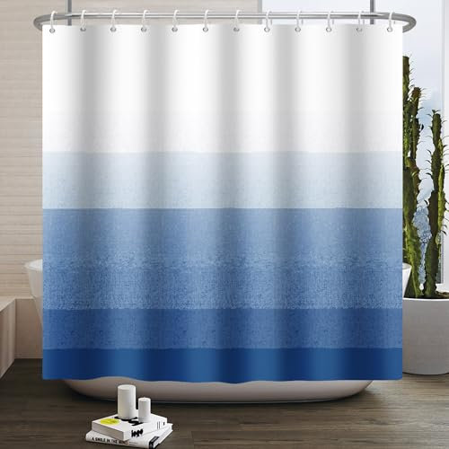 SDOTPMT 180x180cm Rideau de Douche Bicolore Classique Blanc Bleu Foncé - Thème Minimaliste Traditionnel - Salle de Bains Tissu Décoratif Polyester avec Crochet