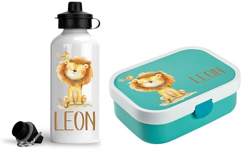wolga-kreativ Personalisiertes Set Mepal Campus Brotdose Kinder mit Fächern und Kinderflasche ml mit Namen, Vesperdose Löwe, Fuchs Geschenk für Schule, Kindergarten Einschulung