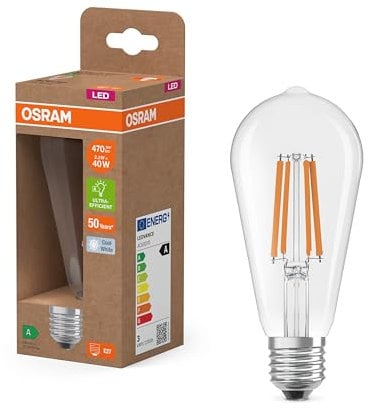 OSRAM Classic Globe Shape, with Decorative LED Filament in Frosted Design, A, E27, 7.2W, 1521lm, 4000K, Cool White, no Heating, 100% Light Immediately.