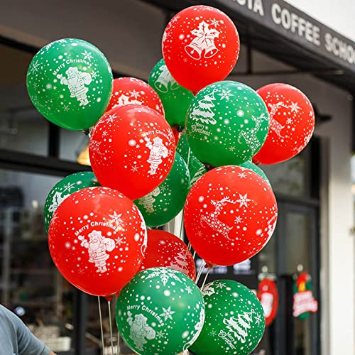 150pcs Christmas Balloons Party Decoration, Red Green Balloons Merry Xmas Latex Baloons Printed with Christmas Tree, Santa, Snowflakes, Bell Pattern for Christmass Party Arch Decoration