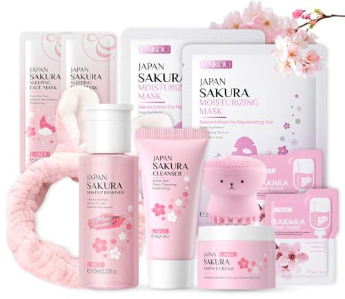 Shefave Sakura Beauty Geschenksets, Gesichtsreinigung Skincare Set mit Makeup Entferner, Reiniger, Creme, Schlammmaske, Schlafmaske, Maske, Haargummi, Teenager Mädchen Geschenke, 8-tlg