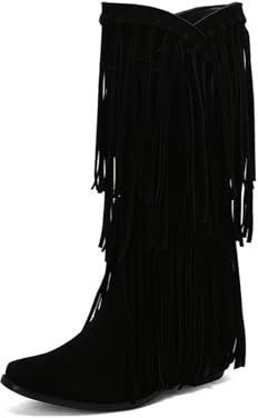 MEECHI Stivali da Cowboy Western retrò da Donna Boots in Pelle Scamosciata con Frange E Tacco Largo Stivali Slip-on con Punta Squadrata Boots da Neve Caldi Autunno Inverno for Esterni(Black,42 EU)