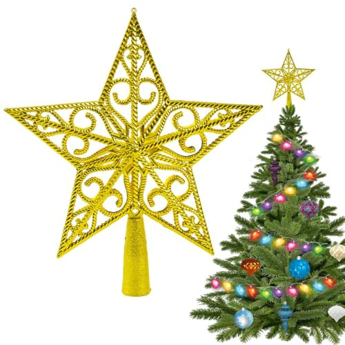 Weihnachtsbaumspitze Stern Gold 20 cm – Elegante Christbaumspitze Stern Gold mit Glitzer für Stabilen Halt | Leichte Tannenbaumspitze für eine Perfekt Gerade Weihnachtsbaum Spitze