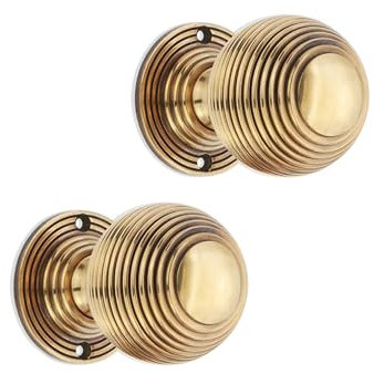 Infinity Decor Reeded Round Rim Mortice Solid Brass Door Knobs Pull Handles Set 60mm in Aged Brass Finish for Interior & Exterior Doors
