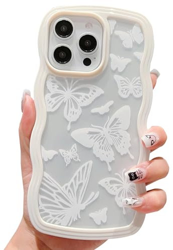 ECZOIL Compatible for iPhone 15 Pro Max Case, Cute Cartoon Butterfly Pattern Kawaii Design, Soft TPU Wave Transparent Phone Case for Women Girls-White