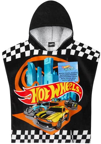 Get Trend Hot Wheels Badeponcho Kinder Handtuch mit Kapuze Saugstark Strandtuch Baumwolle Badetuch Duschtuch Mädchen Jungen (Schwarz Hot Wheels, 4-9 Jahre)
