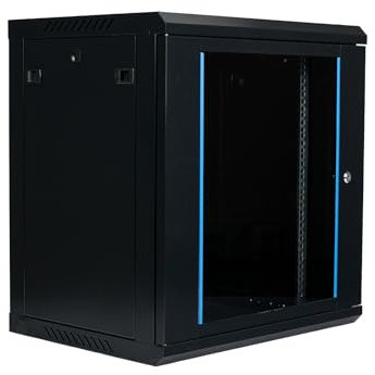 Koscom Connect Netzwerkschrank 12 HE I Serverschrank 19 Zoll I Wandmontage I 450 mm Tiefe I 600 x 450 x 636 mm I voll montiert I abschließbare Glastür I Traglast 100 kg (Schwarz - 45cm, 12HE)