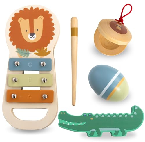 Mamabrum Musikinstrumente-Set Afrika - Xylophon, Rasseln, Kastagnette für Kinder ab 12m - Pädagogisches Holz-Spielzeug mit Tiermotiven - Musikalisches Lern-Spielzeug (6 Teile)