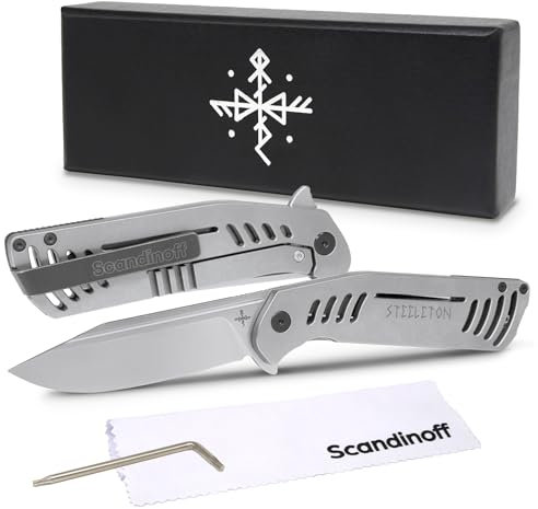 Scandinoff STEELETON Klappmesser | Taschenmesser | 95mm Klinge |aus TITAN und SANDVIK STAHL | Einhandmesser | Outdoor, Jagd, Selbstverteidigung | Hochwertiges Wandermesser | Ergonomischem Griff |Light
